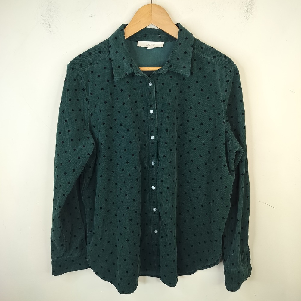LOFT Corduroy Polka Dot Shirt Button Down Large Long Sleeve Casual Green